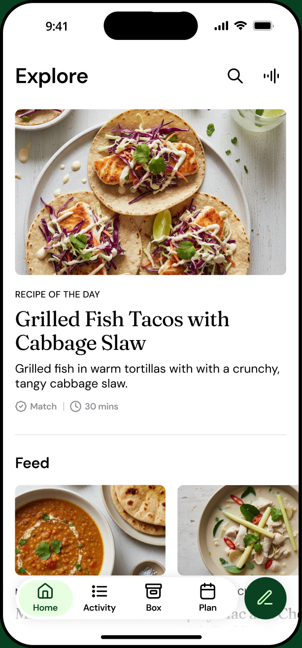 Expo app — Explore feed with recipe of the day