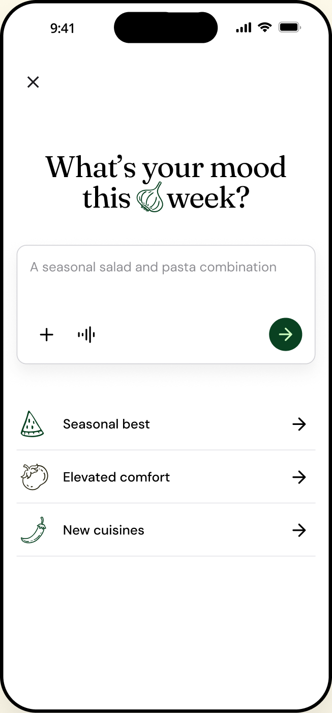 Expo app — “What's your mood this week?” meal planner