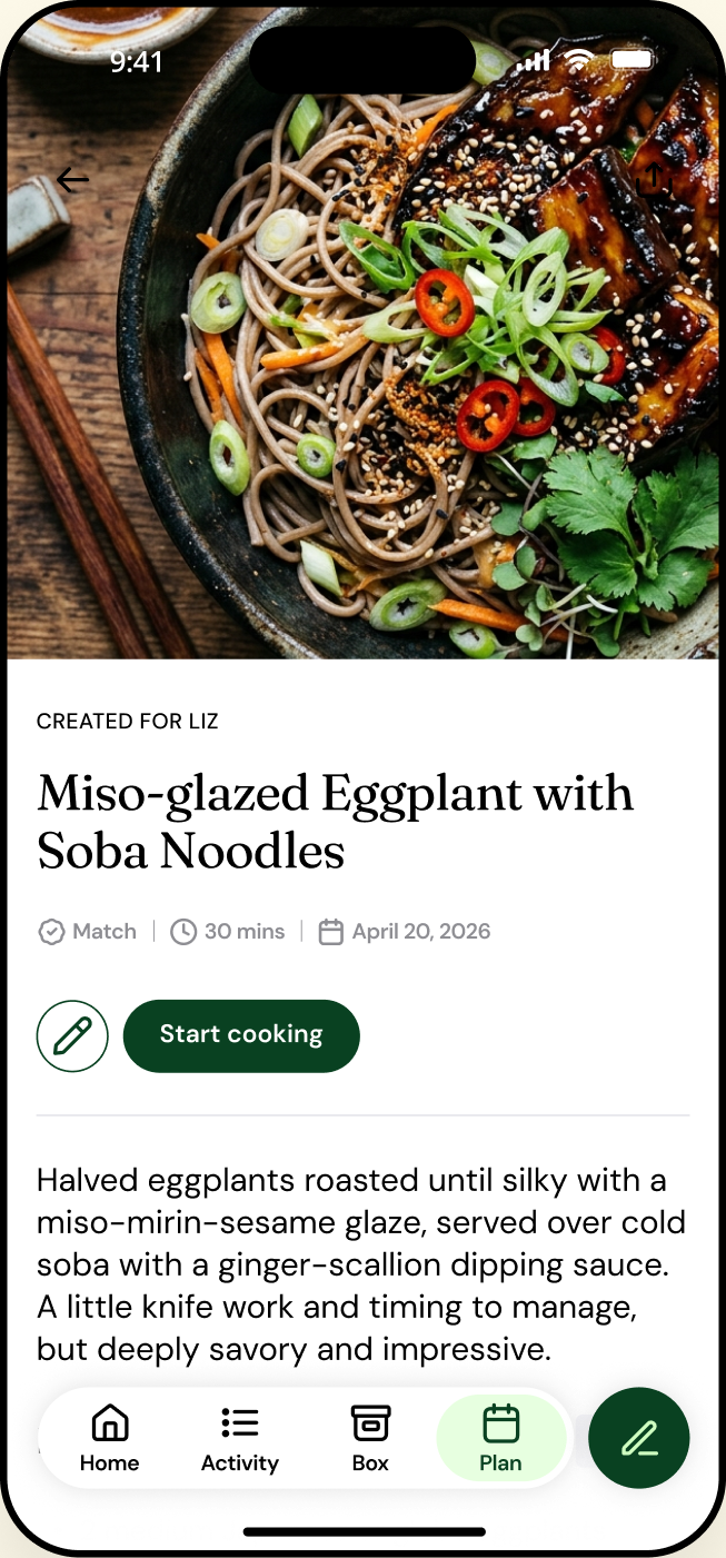 Expo app — recipe detail for Miso-glazed Eggplant with Soba Noodles